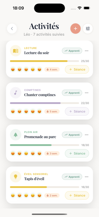 Écran d'activités dans Ellyo